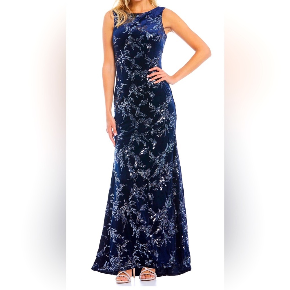 ELIZA J Sequin Embellished Evening Gown Navy Size 4 Mermaid Sequins Velour - Picture 2 of 15